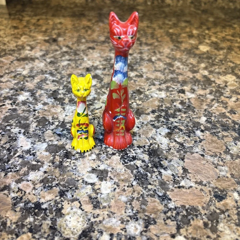 2 Vintage Long Necked Cat Figurines Hand Painted in Portugal Red Yellow Folk Art